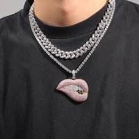 drip lip pendant necklace micro pave pink cubic zirconia white yellow tooth tennis chain bling iced out hip hop men jewelry gift