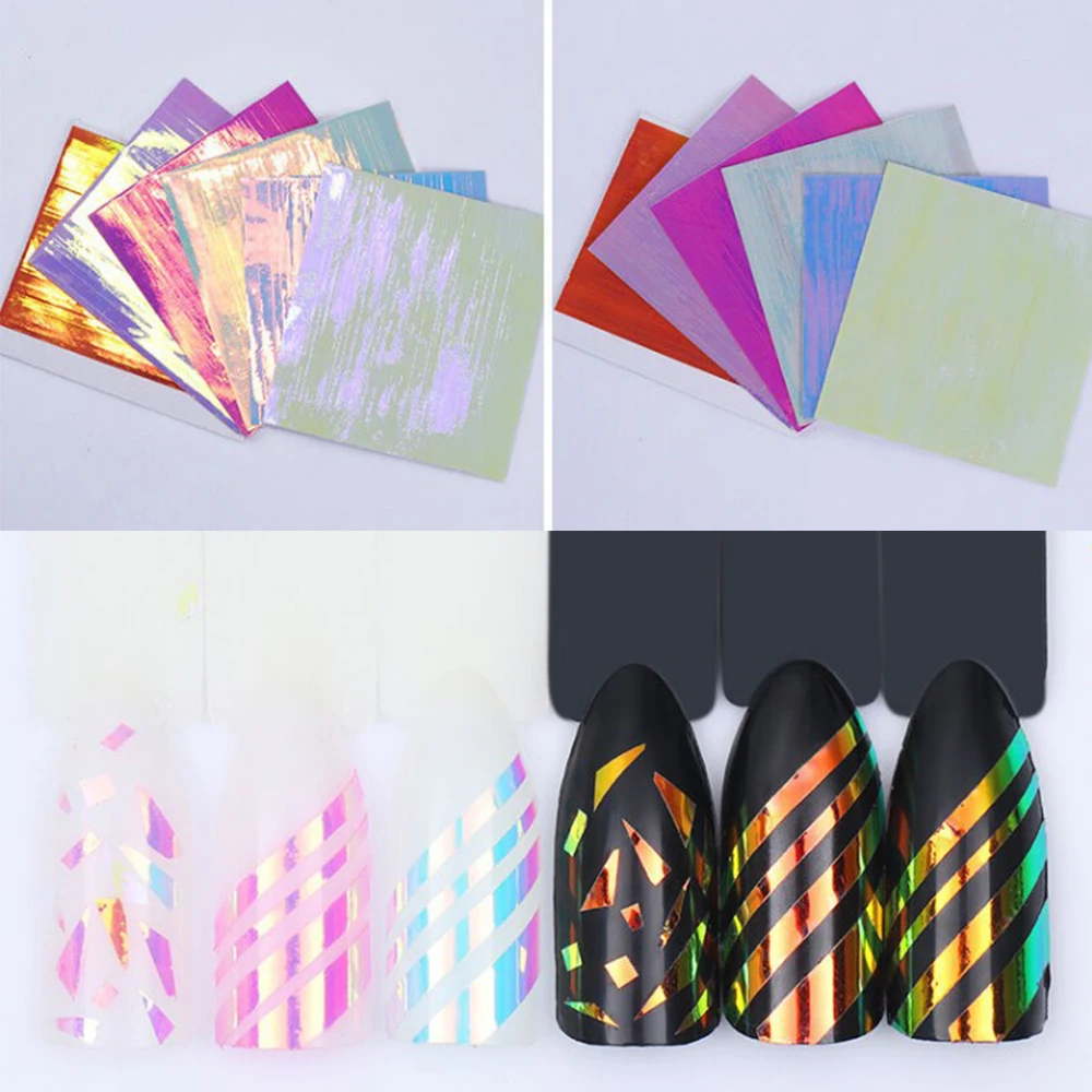 6 листов Голографическая фольга на ногти ультра тонкий для ногтей наклейки