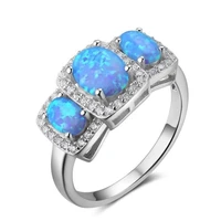popular silver plated stackable 3 oval shape blue opalite opal finger ring with rhinestone jewelry