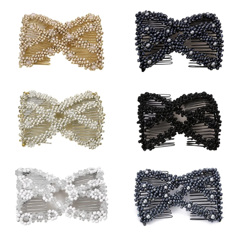 

Women Twist Rhombus Beaded Hair Side Combs Stretchable Double Clips Bun Maker M89E