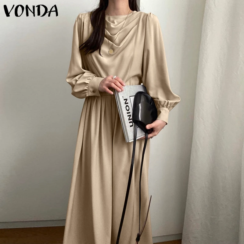 

VONDA 2021 Women Long Maxi Dress Vintage Solid Color Puff Sleeve Party Dress Loose Elegant Vestidos Fall Robes Femme Oversized