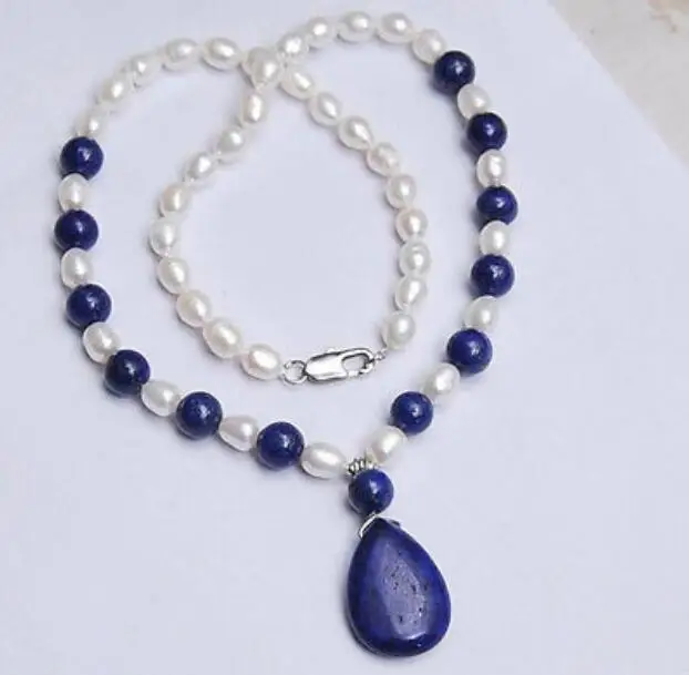 Jewelry Pearl Necklace Natural 7-8MM White Akoya / Lapis Lazuli Pendant 18&quot Free Shipping |