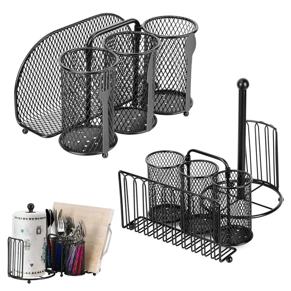 

3 In 1 Kitchen Utensil Basket Paper Towel Rack Portable Knife And Fork Basket Desktop Cutlery Storage Rack Dinner Plate Holder