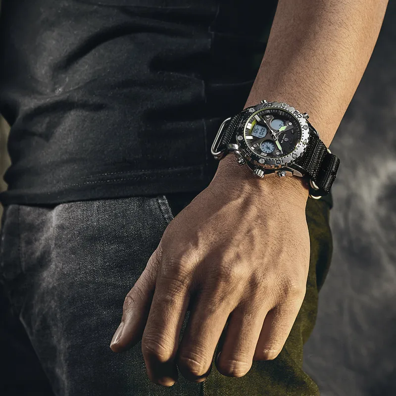 

Часы наручные мужские кварцевые с нейлоновым ремешком, люксовые цифровые спортивные, с двойным временем