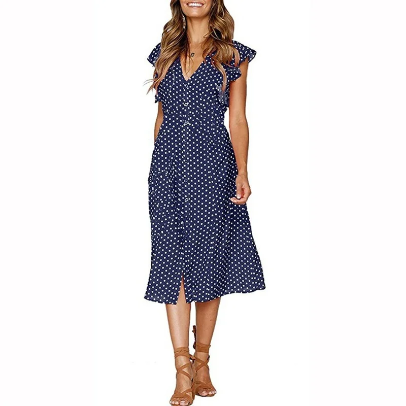 Boho волновой точки рубашка без рукавов платье летнее шифон пляжные платья женские