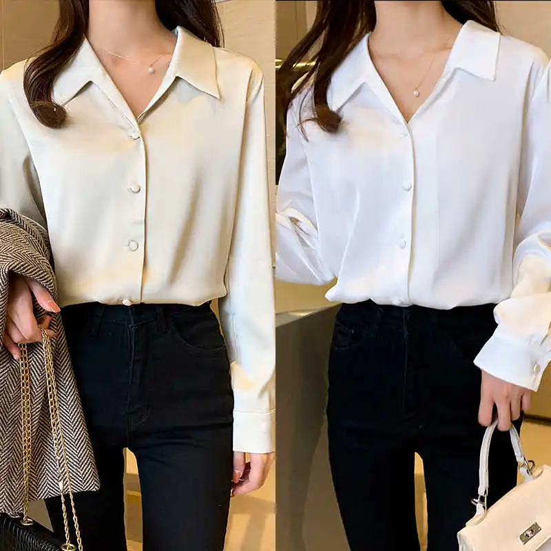 

Korean Silk Women Shirts Women Satin Blouse Woman V Neck Silk Shirt OL Vintage Blouses Elegant Woman White Shirts Tops Plus Size