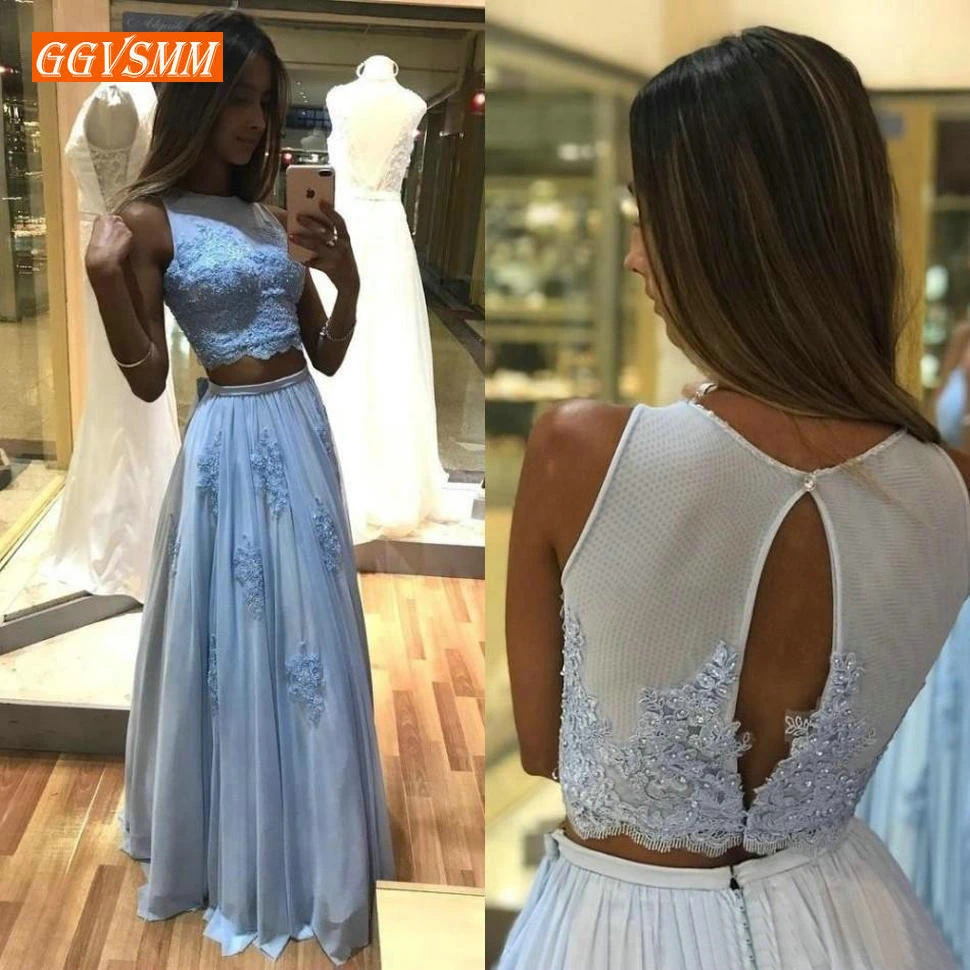 Стильные двухкомпонентные небесно голубые платья для выпускного вечера в стиле