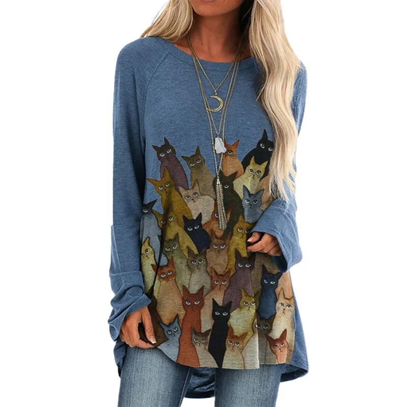 

New Autumn Winter Women Fashion T-Shirt Casual Cute Cat Print Long Sleeve Tee Pullover Tops 2021 Ladies Streetwear Women Clothes