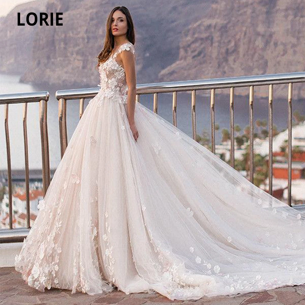 

LORIE Cap Sleeve A-line Wedding Dresses Beach 2020 Lace Tulle Bridal Gowns Open Back Princess Wedding Party Gowns Royal Train