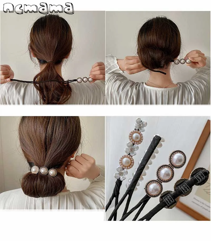 

ncmama Flower Pontail Band Hairstyle Donut Woman Elegant Pearl Hair Bun Maker Tool Girl Hair Accessories Braider Twist Headwear