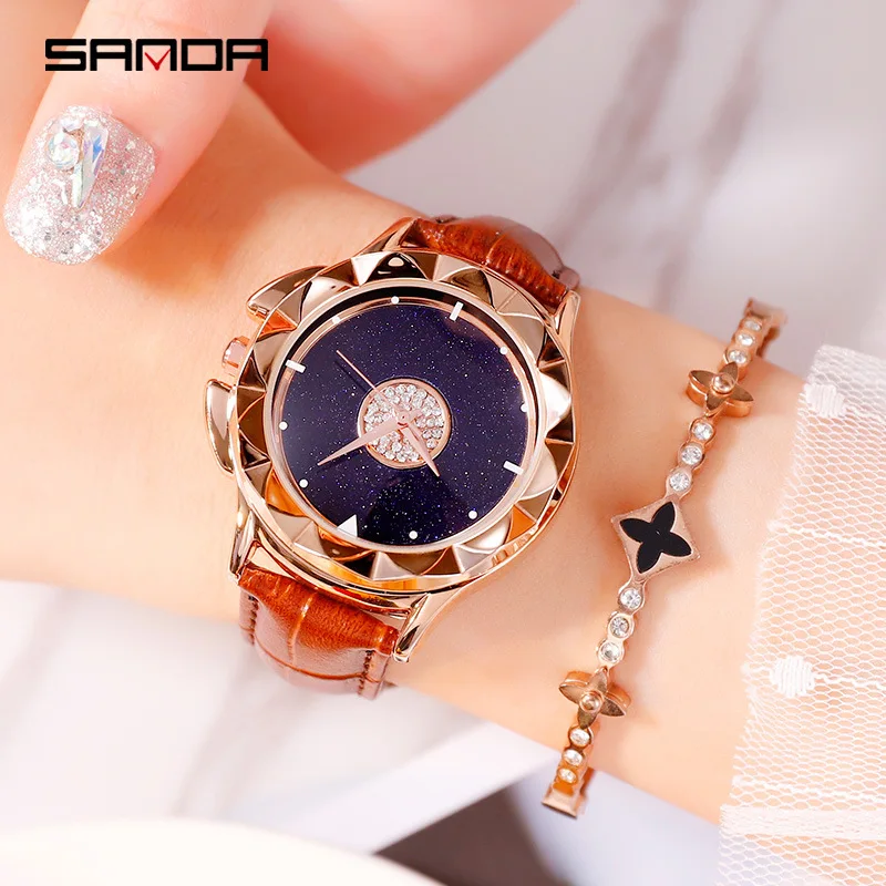 Sanda новые женские часы с ремешком модные трендовые кожа звездная звезда вращение