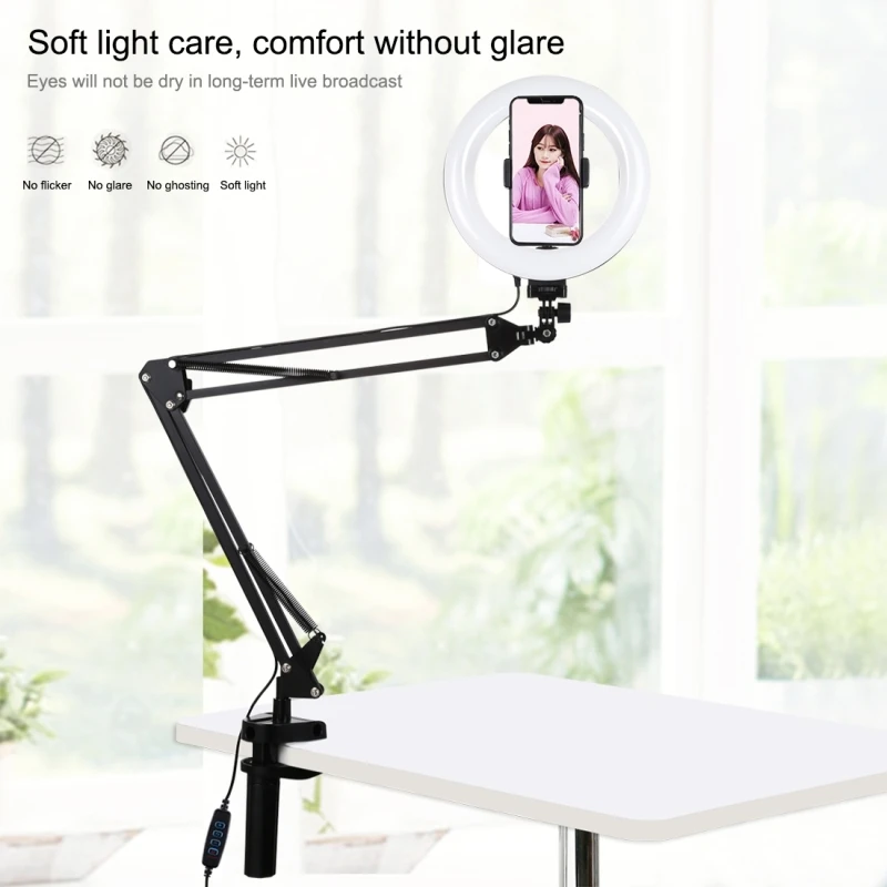 

PULUZ Ring Curved Light Desktop Arm Stand USB 3 Modes Dimmable Dual Color Temperature LED Vlogging Selfie Photography PhoneClamp
