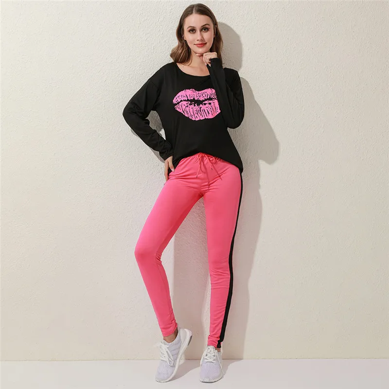 

Women Lip Print Tracksuit Sets Lady 2020 Summer 2pcs Set Elegant Lips Letter Printed Long Sleeve Tee + Long Pants Sets