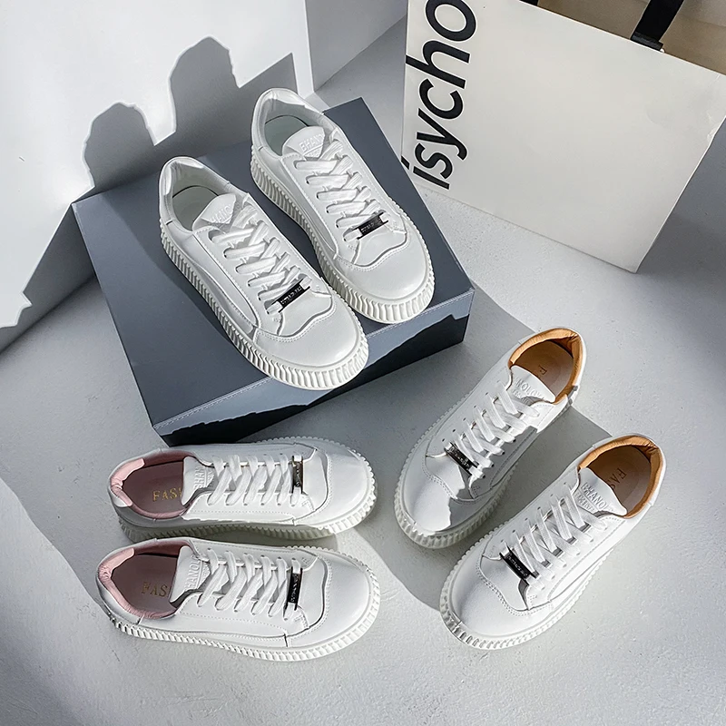 

2021 Spring Leather Casual Shoes Women Sneakers Light White Sneaker Platform Med Heel Ladies Shoe Comfortable Vulcanized Shoe