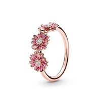 925 sterling silver pan ring rose pink daisy flower trio with crystal rings for women wedding party gift fashion jewelry