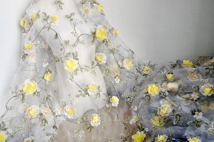 

one meter High quality Organza fabric Yellow 3D CHIFFON FLOWER fabric for dress Decorative fabric for skirt tissu