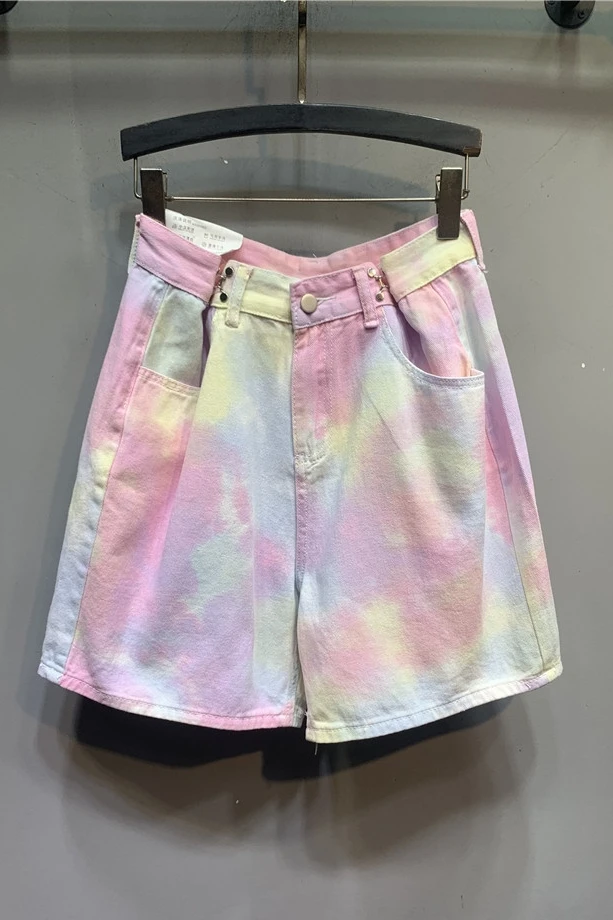 

Tie-Dyed Rainbow Wide-Leg Denim Shorts Korean Style Women's Clothing 2021 Summer New High Waist Drooping Straight Hot Pants
