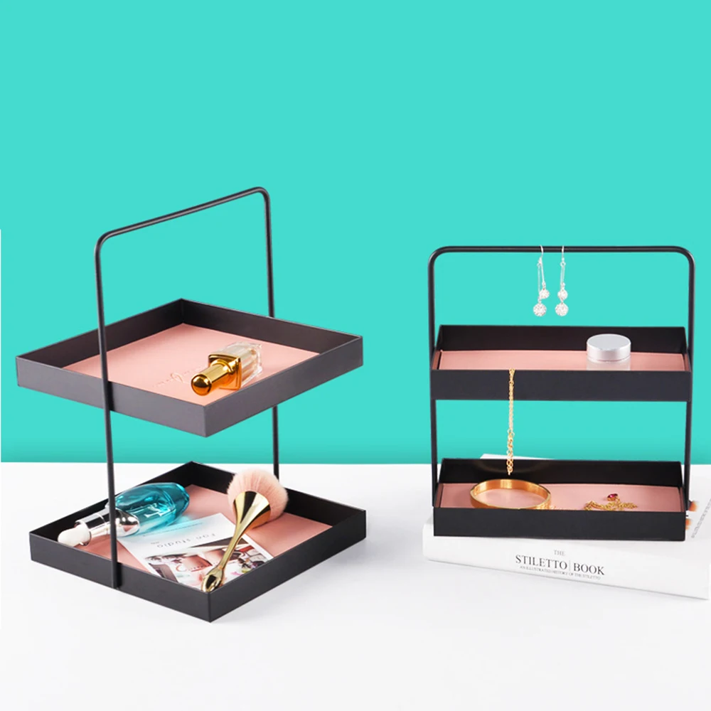 

European Style Double Storage Rack Leather Metal Storage Shelf Living Room Office Sundries Makeup Organizer Decoration Box