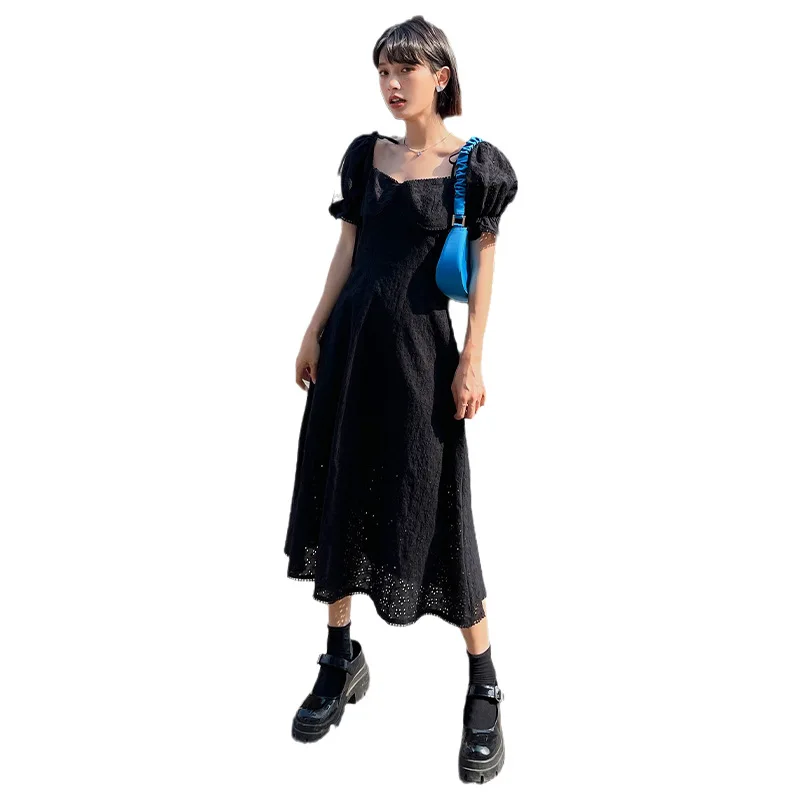 

Summer Hong Kong style retro hollow lace square neck high waist dress with age-reducing western style and thin skirt women