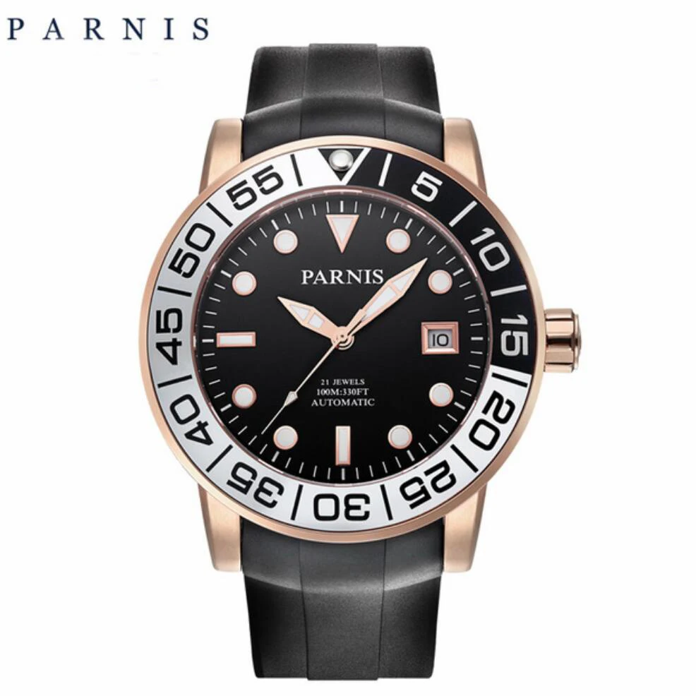 

Rubber Mechanical Men's Watch Parnis Sapphire Rotating Mix Color Bezel Luminous 21 Jewel Casual Sports Mens Watches Automatic