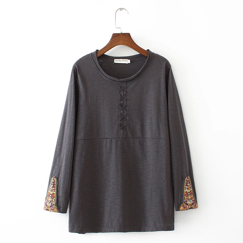 

Женская Винтажная Футболка большого размера с цветочной вышивкой и длинным рукавом и круглым вырезом, женские топы Forklare