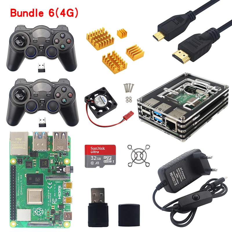 Комплект 6 Raspberry Pi 4 Модель B игровой комплект 2 ГБ/4 ГБ ОЗУ доска+ акриловый чехол+ игровой контроллер+ адаптер питания+ кабель Micro HDMI+ sd-карта - Комплект: Комплект 6
