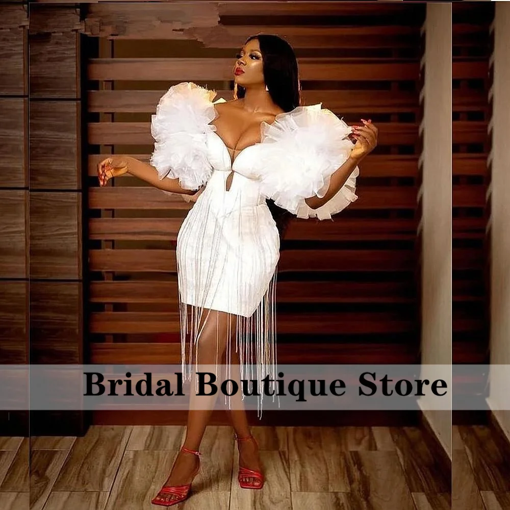 

Aso Ebi White Short Prom Dresses 2022 Ruffles Party Gowns Tassel Mini Robes De Cocktail Homecoming
