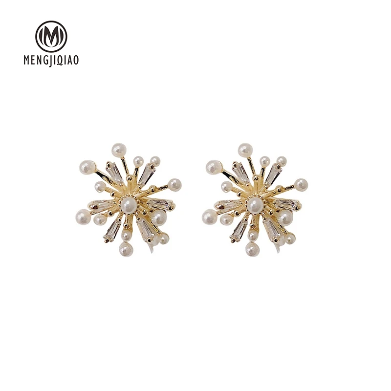 

MENGJIQIAO Korean Delicate Crystal Pearl Fireworks Elegant Cute Stud Earrings For Women Wedding Jewelry Oorbellen Accessories