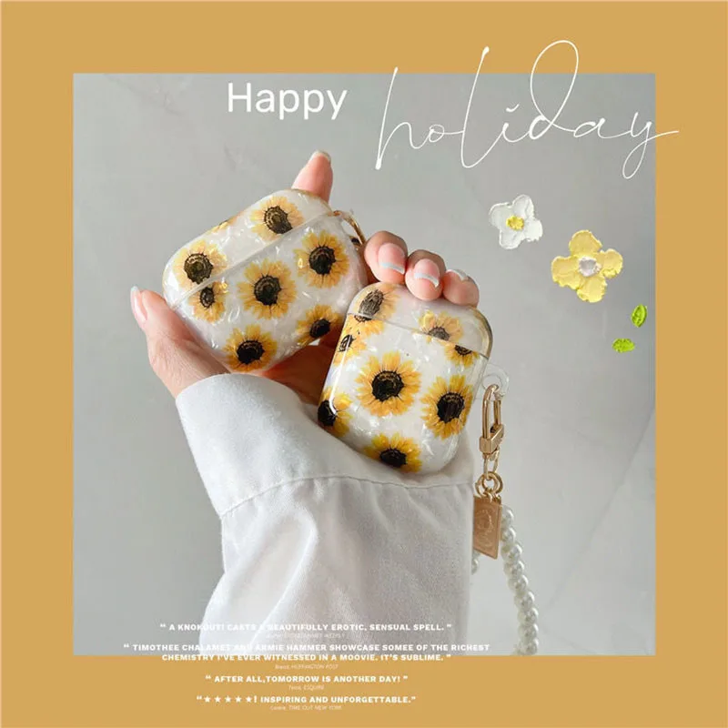 

Чехол с подсолнухами и жемчужинами для Apple Airpods 1 2, мягкий чехол для наушников из ТПУ для AirPods Pro, брелок