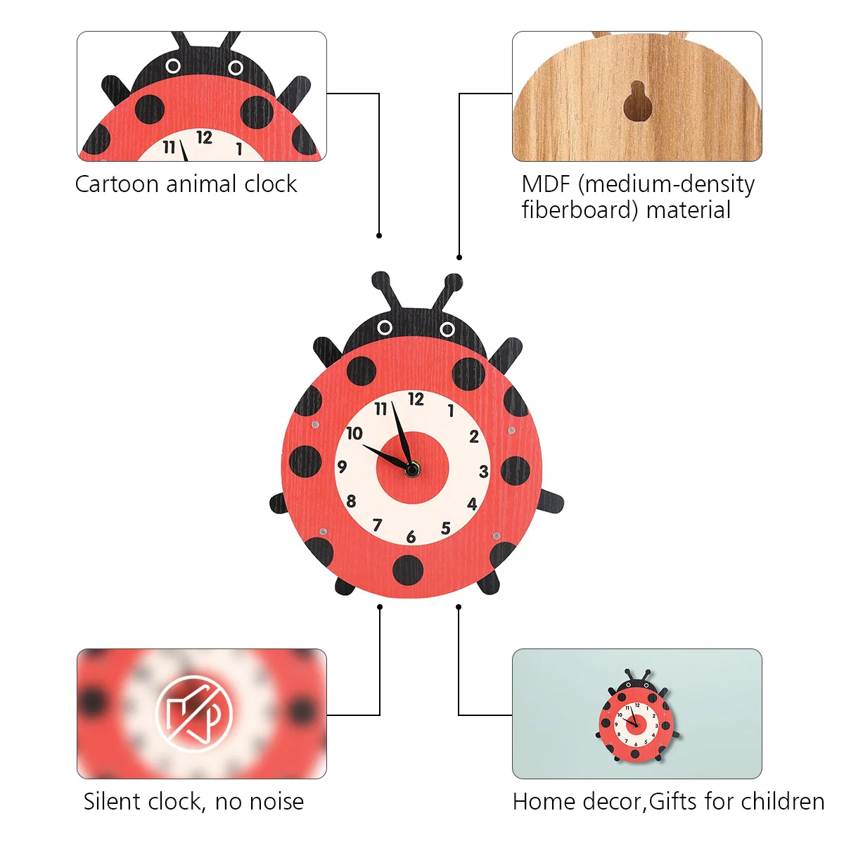 Cartoon Animal Clock Swinging Ladybug Wooden Wall for Kids Room Living Home Decor | Дом и сад