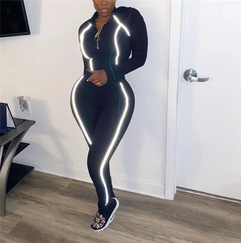 Adogirl Reflective Trim Patchwork 2 Piece Set Tracksuit for Women Zipper Long Sleeve Pullover Top Leggings Pants Jogging Suits |
