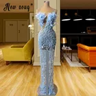 Женское вечернее платье-русалка, небесно-голубое платье с перьями, расшитое бисером, с блестками, 2021