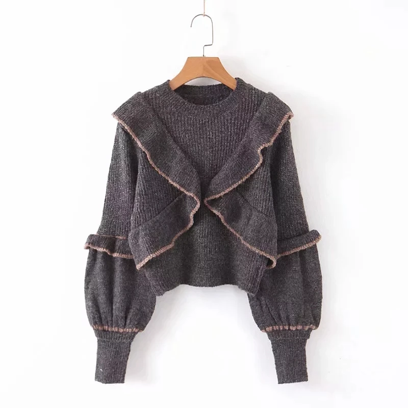 Winter ruffles knitted sweater women pullovers casual long sleeve white chic crop sweaters tops | Женская одежда