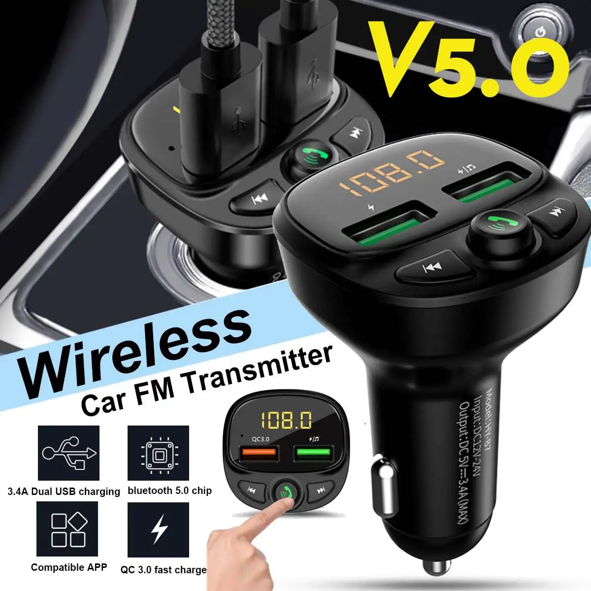 

Car v5.0 bluetooth FM Transmitter Wireless Car Mp3 Player Fast Charger Modulator Voltage TF Card Handsfree Dual USB Smart Chip