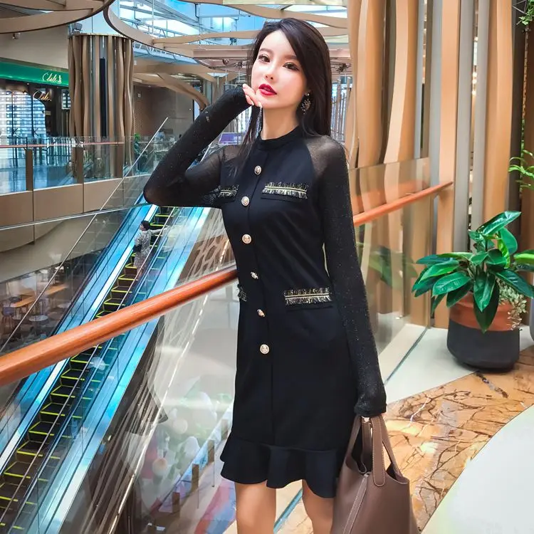 Новинка 2019 Осеннее женское мини-платье с оборками однобортное из кусков