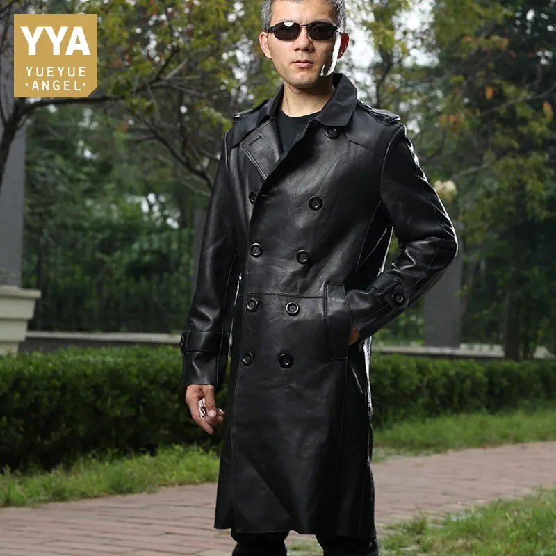 

2021 Winter Men Sheepskin Long Jacket Office Man Double Breasted Genuine Leather Trench Coat Lapel Collar Windbreaker Jacket 6XL