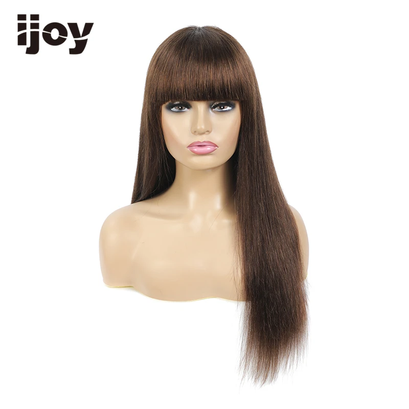 Парик из человеческих волос с челкой прямые волосы окрашенные темно коричневые