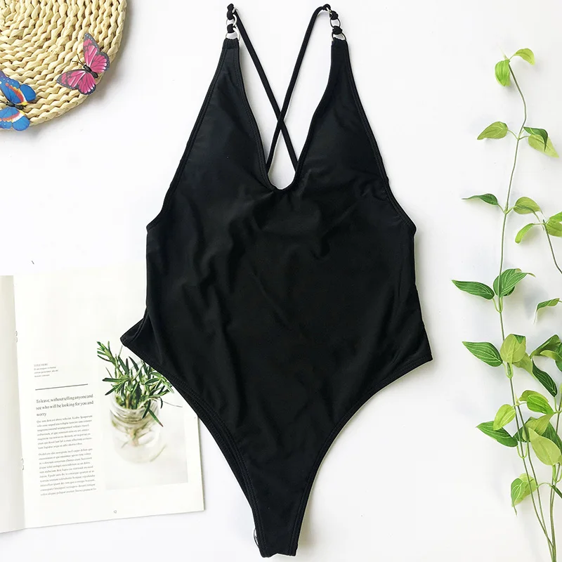 New Sexy 2020 Black High Leg Cut Monokini V Neck One Piece Swimsuit Women Swimwear Female Bather Low back Bathing Suit Swim Lady