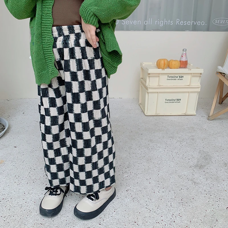 

MILA CHOU 2021 Autumn Winter Baby Girls Velvet Wide-leg Pants Kids Clothes Children Loose Soft Casual Black White Plaid Trousers