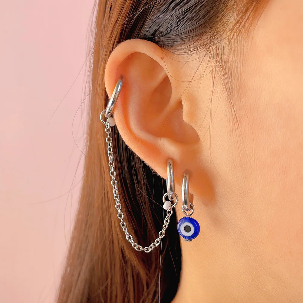 

Lucky Blue Evil Eye Circle Hoop Earrings For Women Stainless Steel Silver Color Long Chain Earring 2022 Trendy Party Jewelry New