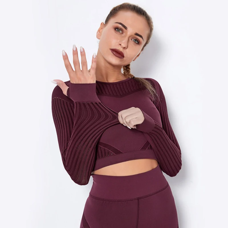 

Yoga Shirts For Women Sexy Knitted Long Sleeve Crop Top T-Shirt Seamless Tight Blouse Suit For Fitness Sport Gym Cycling Clothes