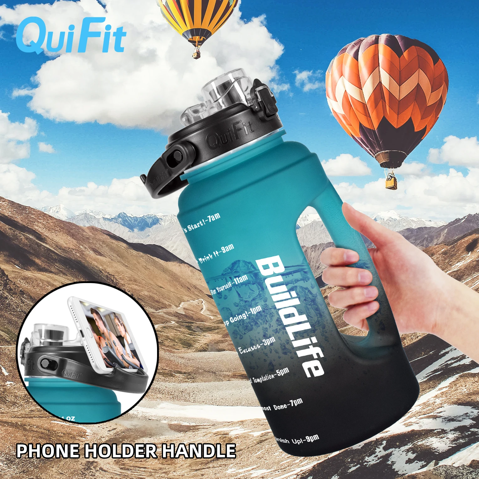 Quifit Gallon Water Bottle 2.2L 73 OZ Flip-flop Wide Mouth with Times to Drink Large Capacity BPA Free Motivational Quote