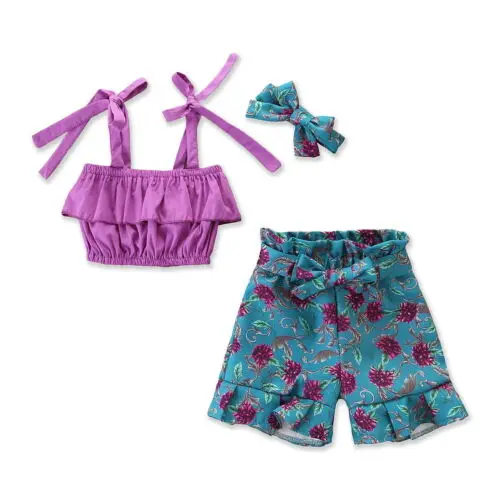 

Летние топы для маленьких девочек; жилет; штаны с цветочным принтом; шорты; повязка на голову; комплект одежды из 3 предметов; комплект одежды...