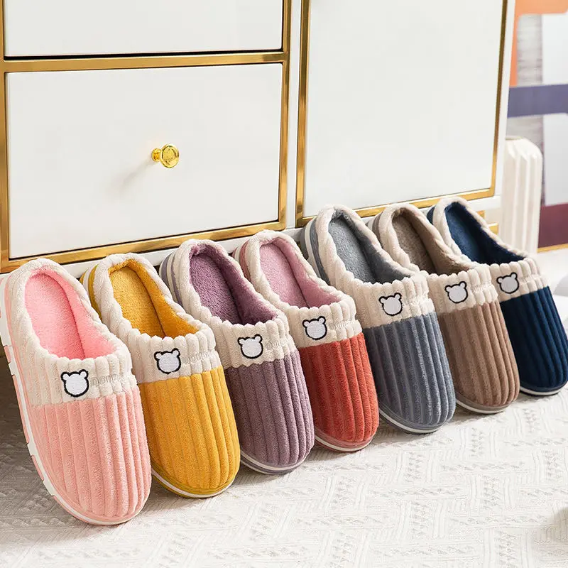 

Winter Non-slip Cotton Slippers for Men and Women with Thick Bottom and Velvet Indoor Warmth Couple Furry Slippers Shoes Woman