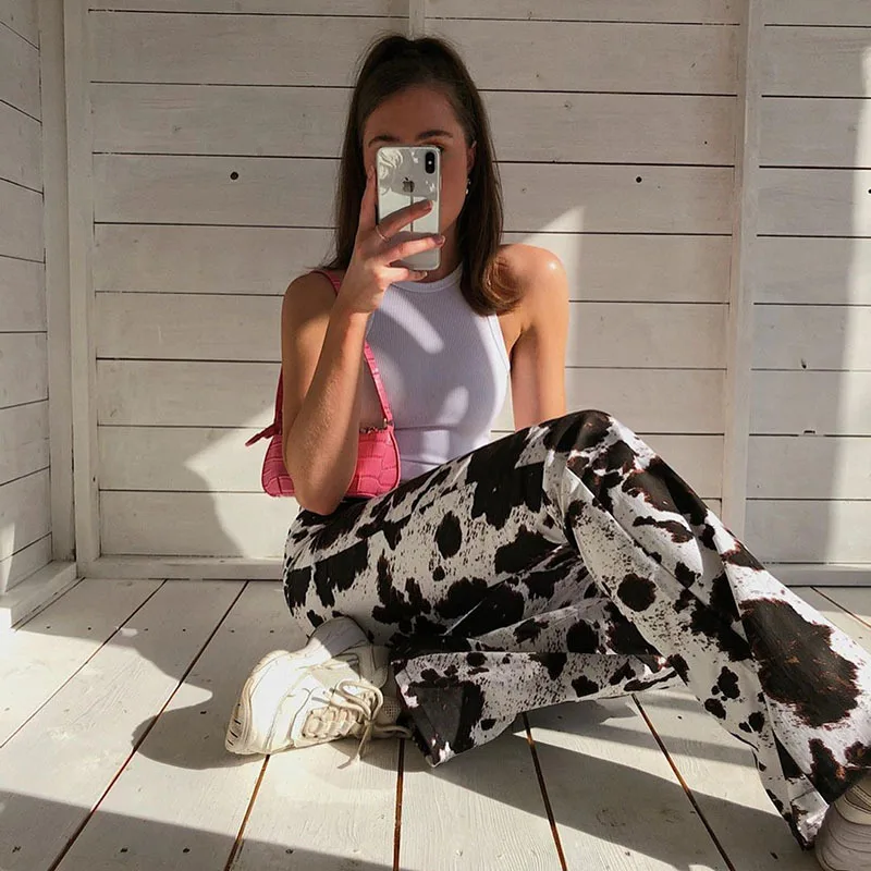

MyZyQg Women Flare Pant Cow Animal Pattern Casual Sports Pants High Waist Joggers Trousers Fitness Running Sportswear