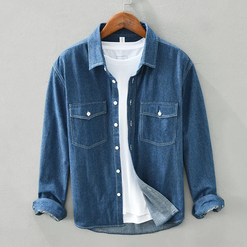 

Men's Fashion Denim Long-sleeved Shirt Autumn Retro Casual Cotton Multi-pocket Loose Shirt Jacket Harajuku Men's Clothing