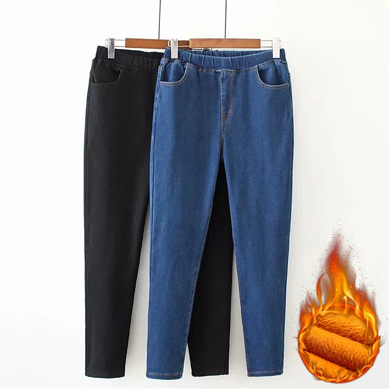 

FAKUNTN Women Winter Warm Jeans High Waist Elastic Belt Mom Jeans Plus Velvet High Elastic Slim Jeans Skinny Pencil Pants Plus