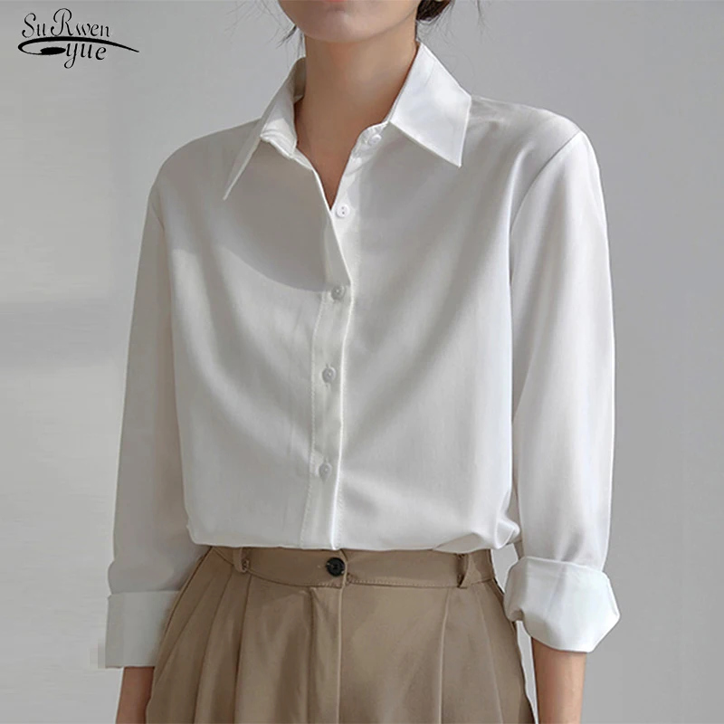 

Long Sleeve Office Turn-down Collar Button Shirt Women's Autumn Satin Slik White Woman Blouses Fashion Loose Casual Tops 15651