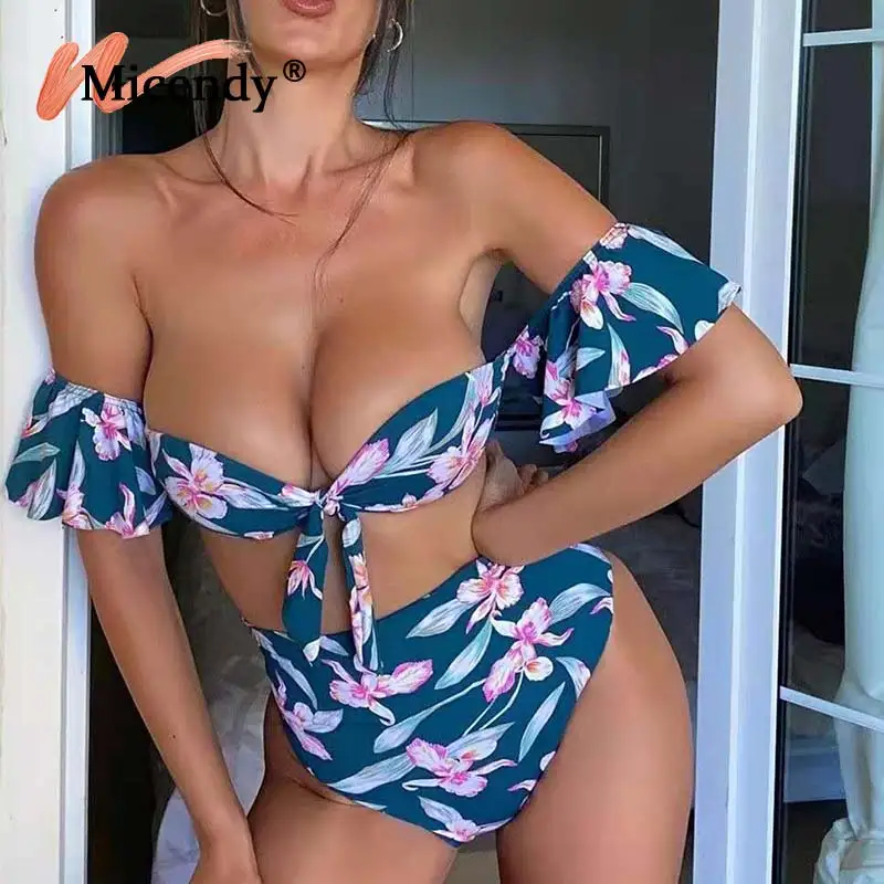 

Micendy High Waist Bikinis Women Plus Size Swimsuits 2021 Bandeau Swimwear Sexy Bow Ruffle Swimming Suits Strapless Bikini Sets