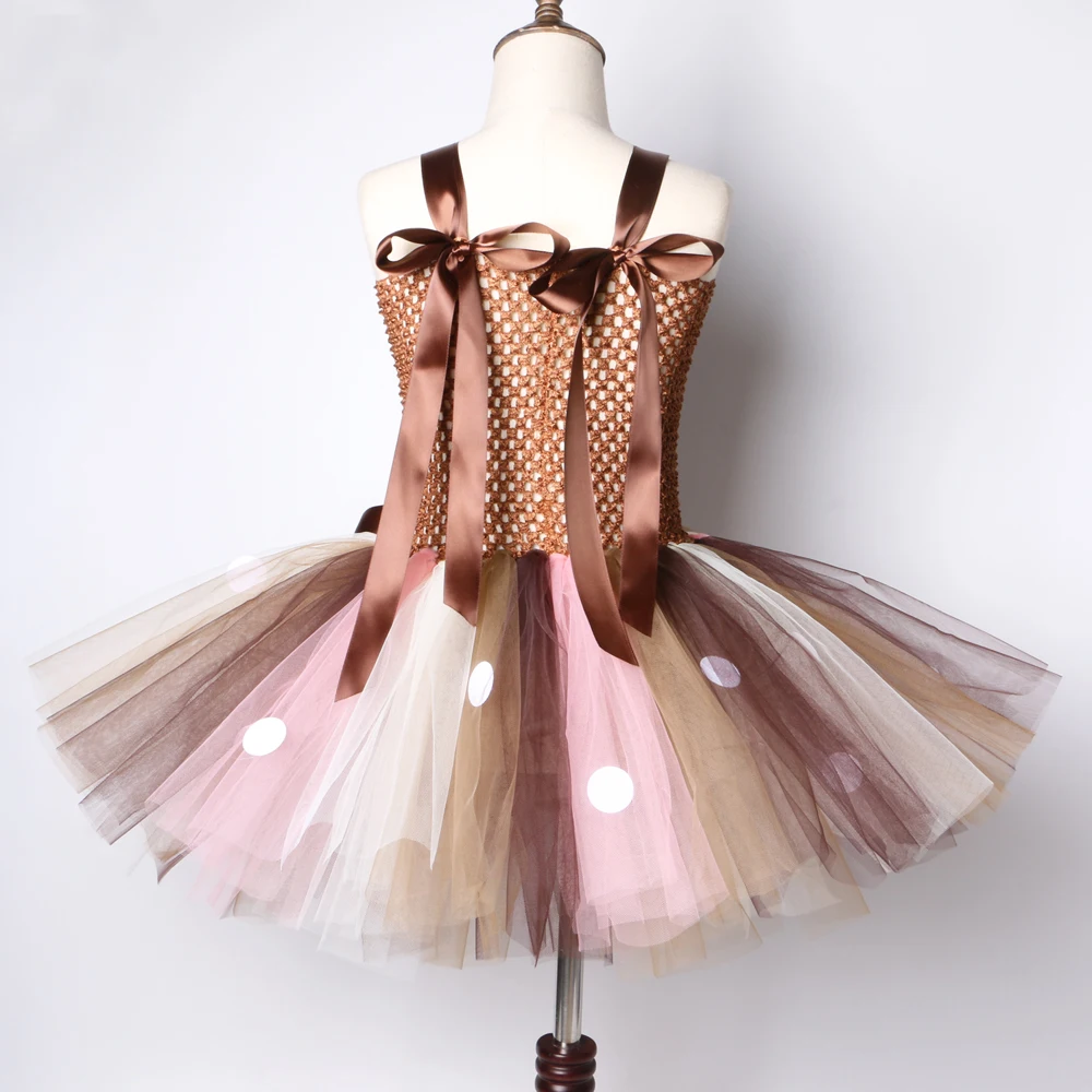 Платье-пачка для девочек коричневое с оленями на Рождество Хэллоуин детское